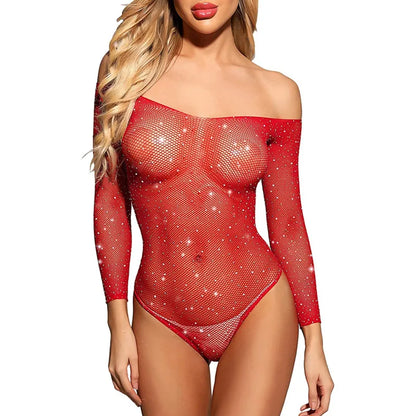 2022 Elegant Women Sexy Bodysuit Black Romper Night Party Sequins Long Sleeves Top Rhinestones Perspective Erotica Body Jumpsuit