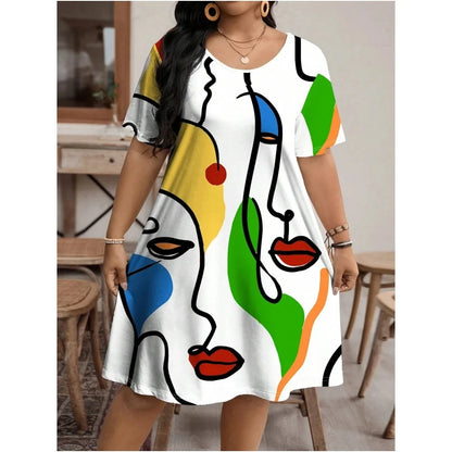 2024 moda feminina vestido pintado arte rosto streetwear padrão impressão vestido de verão casual manga curta vestidos soltos plus size 9xl