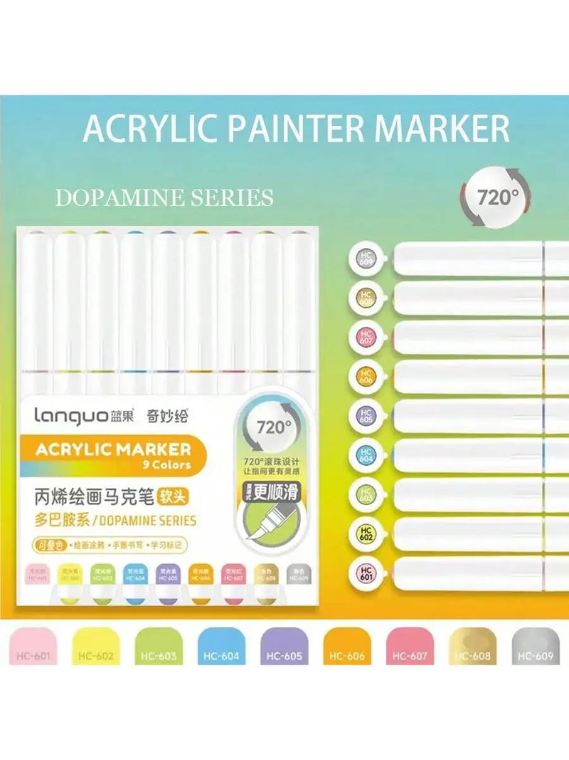 Languo 9pcs/box Soft Brush Acrylic Marker Pen Set，DIY Hand Drawn,Paint Art Markers pens,Student Graffiti Acrylic Paint Pens,M720