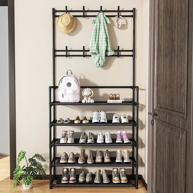 Zapatero de múltiples capas para el hogar, perchero integrado para abrigos y sombreros, puerta para zapatos, estante multifuncional simple