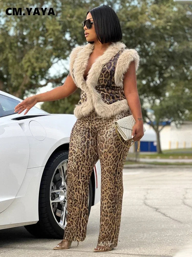 CM.YAYA Conjunto de mujer sin mangas de piel de leopardo con lentejuelas, cuello en V, chaleco de lana y pantalón, conjunto de 2 piezas Street Two 2024, chándal