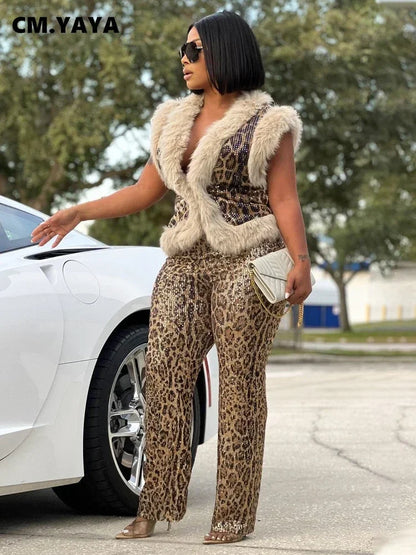 CM.YAYA Conjunto de mujer sin mangas de piel de leopardo con lentejuelas, cuello en V, chaleco de lana y pantalón, conjunto de 2 piezas Street Two 2024, chándal