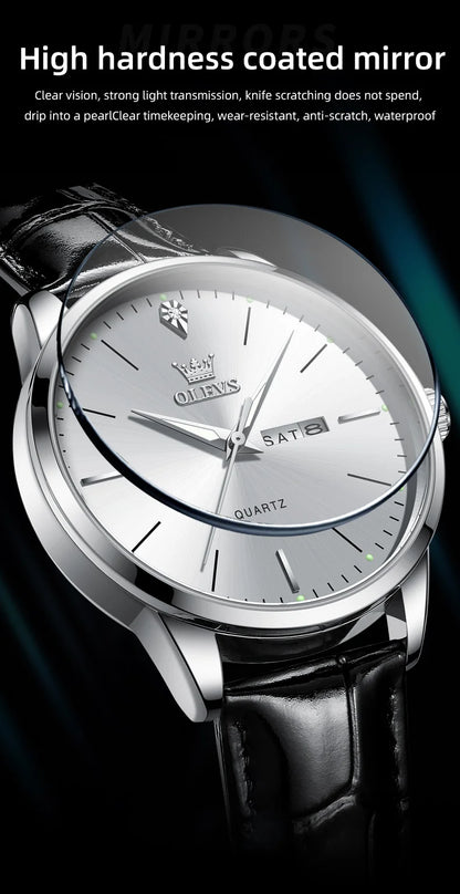 Reloj de vestir de cuarzo OLEVS 2935 con calendario dual para hombre, sencillo y original, de cuero, resistente al agua, luminoso, para negocios.