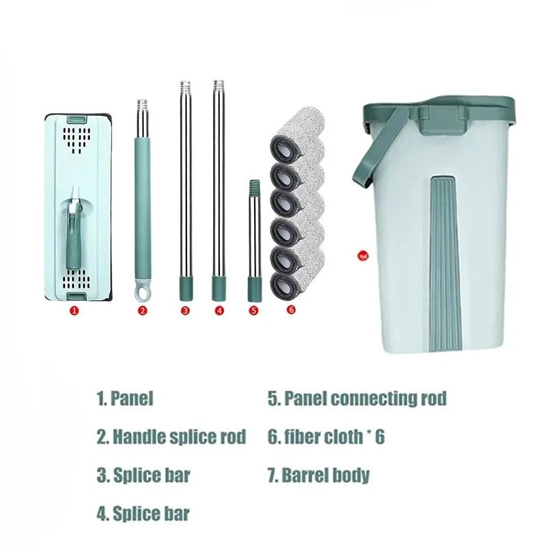 Flat Squeeze Mop with Bucket, Wringing Floor Cleaning, Microfiber Pads, Wet or Dry Use on Laminate Wood, Free Hand 