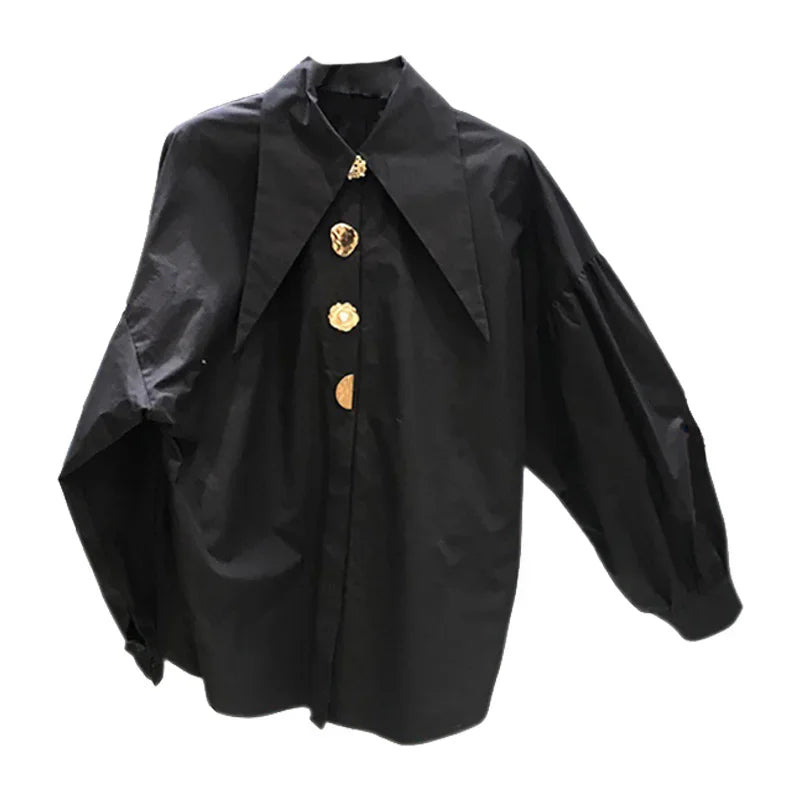 2025 Casual Long-sleeve Shirt Women New Fashion Turn Down Collar Big Button Retro Blouse Female