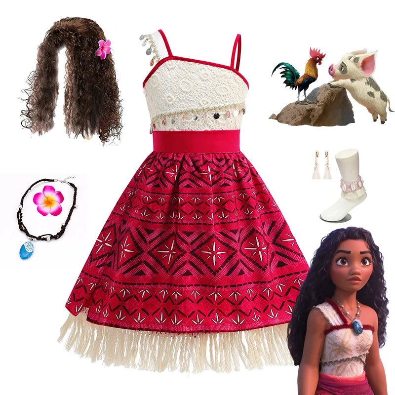 Disney Moana 2 Vaiana Costume Girls Princess Dress Children Purim Lace Clothes Kids Cartoon Cosplay Outfits Birthday Party Frock