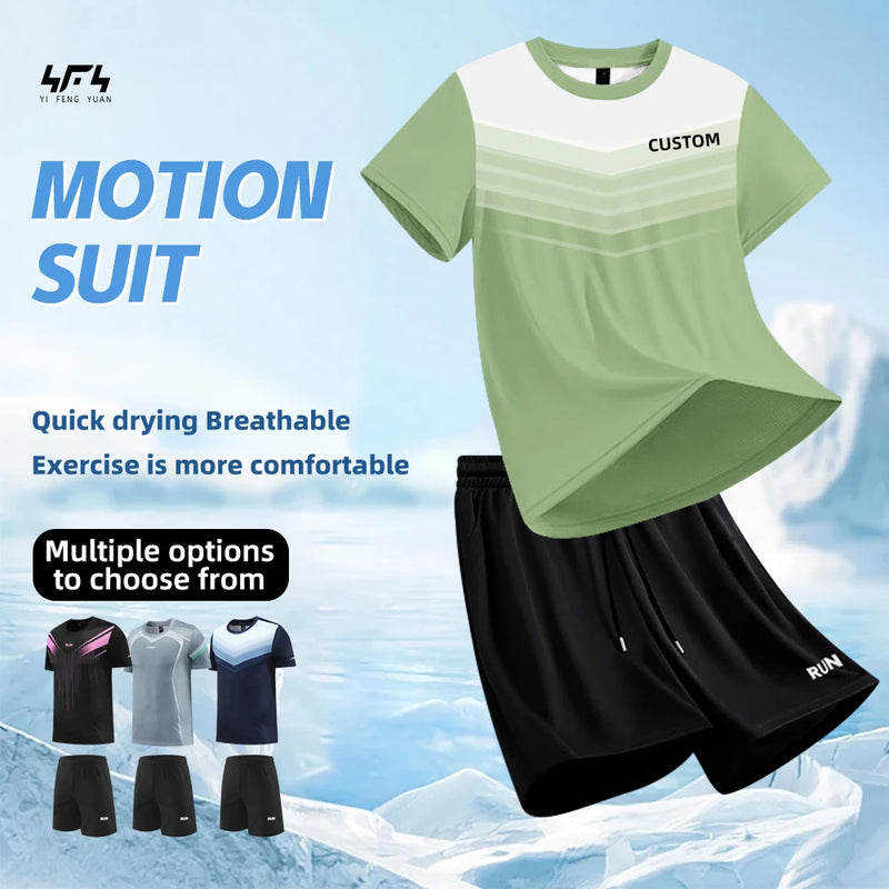 Fitness Clothes Ice Silk Quick Drying T-shirt Suit Men Short Sleeve Running Sportswear Shorts Tracksuit Gym Sports Training Sets