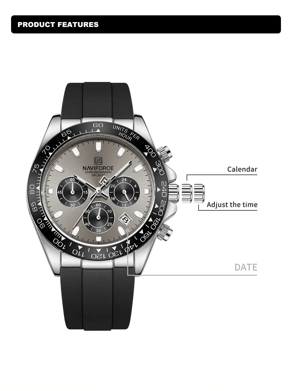 NAVIFORCE Reloj de lujo para hombre, deportivo, resistente al agua, de cuarzo, con correa de silicona, cronógrafo, luminoso, de pulsera, masculino