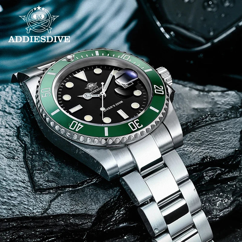 ADDIESDIVE Quartz Watch for Men 316L Stainless Steel Super Luminous Ceramic Bezel 200m Waterproof Classic Diving Men's Watch