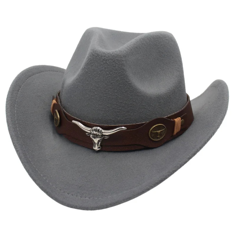 Classic Cattleman Cowboy Hat Retro Bull Head Studded Leather Band Felt Hat Unisex Western Party Cosplay Hat Wide Brim Fedora