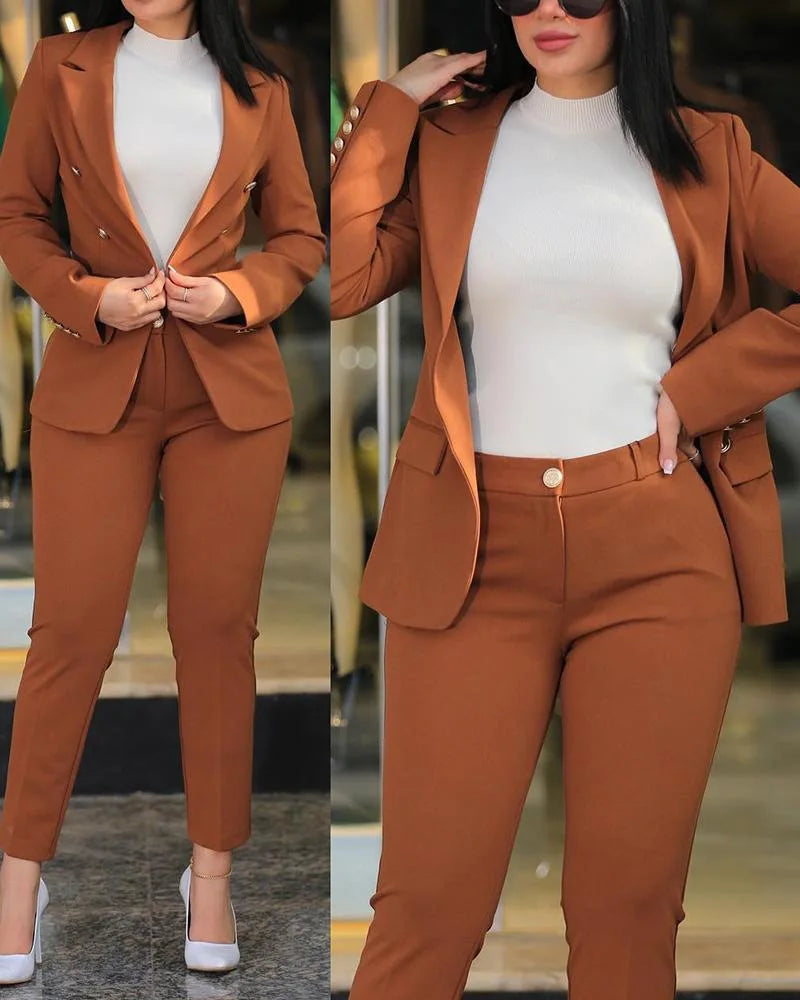 Conjunto de 2 piezas de ropa de oficina para mujer, chaqueta blazer de manga larga y pantalones pitillo de cintura alta, color liso