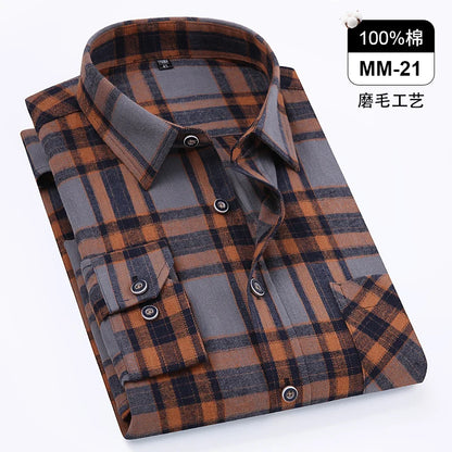 Men Fashion Long Sleeve Brushed Flannel Shirt Single Pocket Comfortable 100% Cotton Casual Slim Fit Button-down Plaid Shirts 8XL