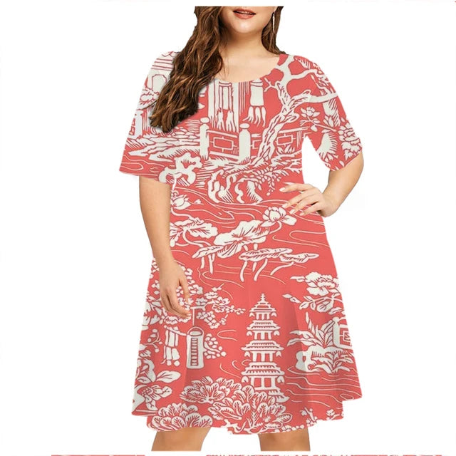 Vestido estampado de Natal de manga comprida feminino, decote em O, neve, solto, plus size, 6XL, roupas de moda, ano novo, verão, 2023