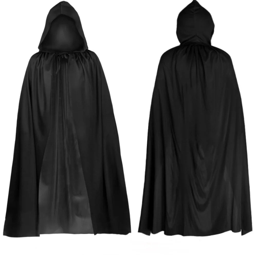 Capa de Halloween Unissex Preta com Capuz – Estilo Bruxa/Mago, Longa e Macia – Ideal para Cosplay, Fantasias, Festas, Apresentações e Decoração