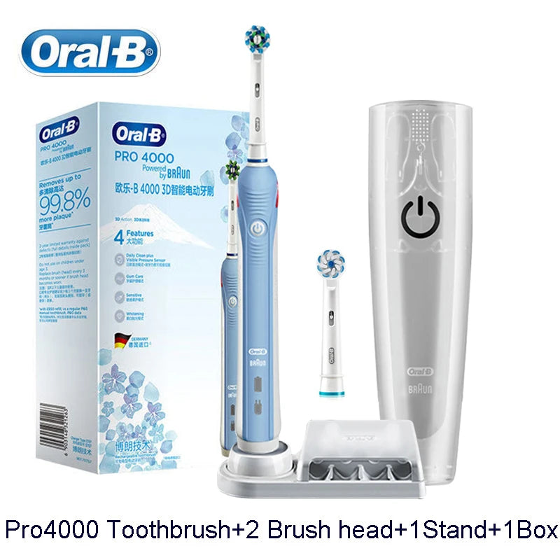 Oral B Pro4000 Electric Toothbrush 3D Action Clean 4 Modes Visible Pressure Sensor Whiter Teeth  Rechargeable Adult's Toothbrush