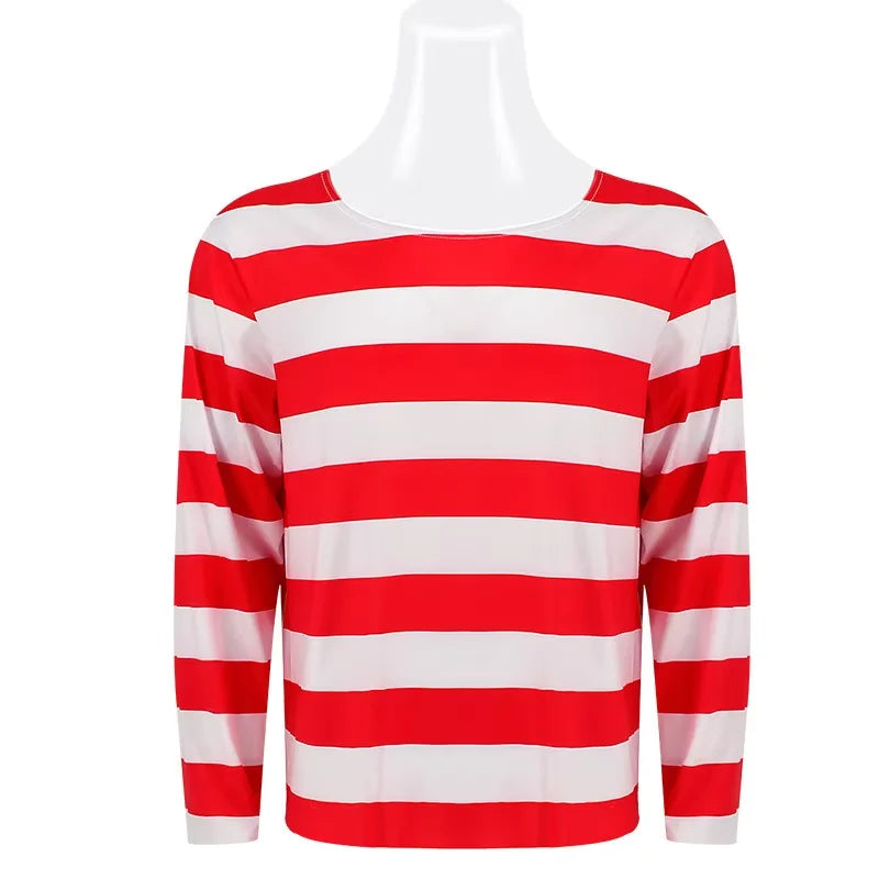 Wheres Waldo Cosplay Striped Shirt Youth Kids Wally Costume Shirt Glasses and Hat Socks Unisex Adults Christmas Cosplay Costumes