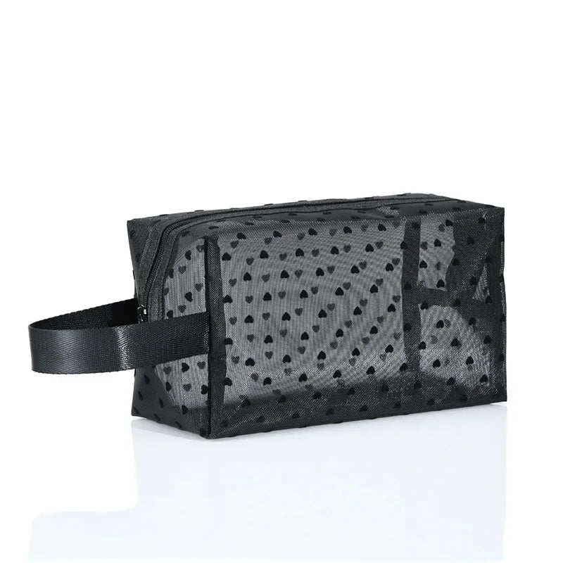 Heart-Shaped Nylon Mesh Cosmetic Bag Portable Toiletry Organizer for Women Makeup Storage
