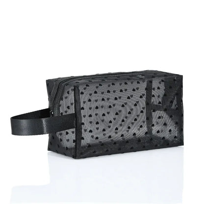 Heart-Shaped Nylon Mesh Cosmetic Bag Portable Toiletry Organizer for Women Makeup Storage