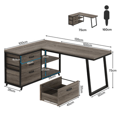 Tribesigns L-Shaped Computer Desk with 3 Drawers, Reversible Corner Home Office Desk with Shelves, 53-Inch Industrial PC Desk St