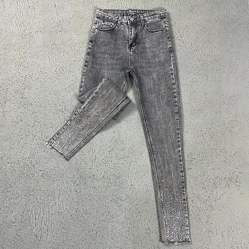 Spring Summer 2024 New Fashion Harem Denim Pants Female Rhinestones Korean Version High Waist Slim Elastic Jeans Pencil Pants