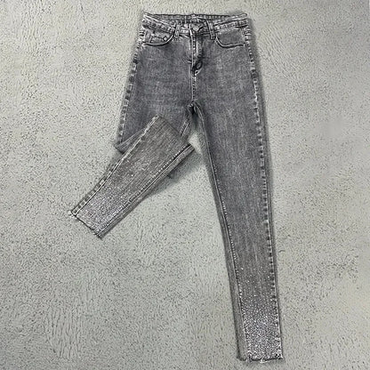 Spring Summer 2024 New Fashion Harem Denim Pants Female Rhinestones Korean Version High Waist Slim Elastic Jeans Pencil Pants