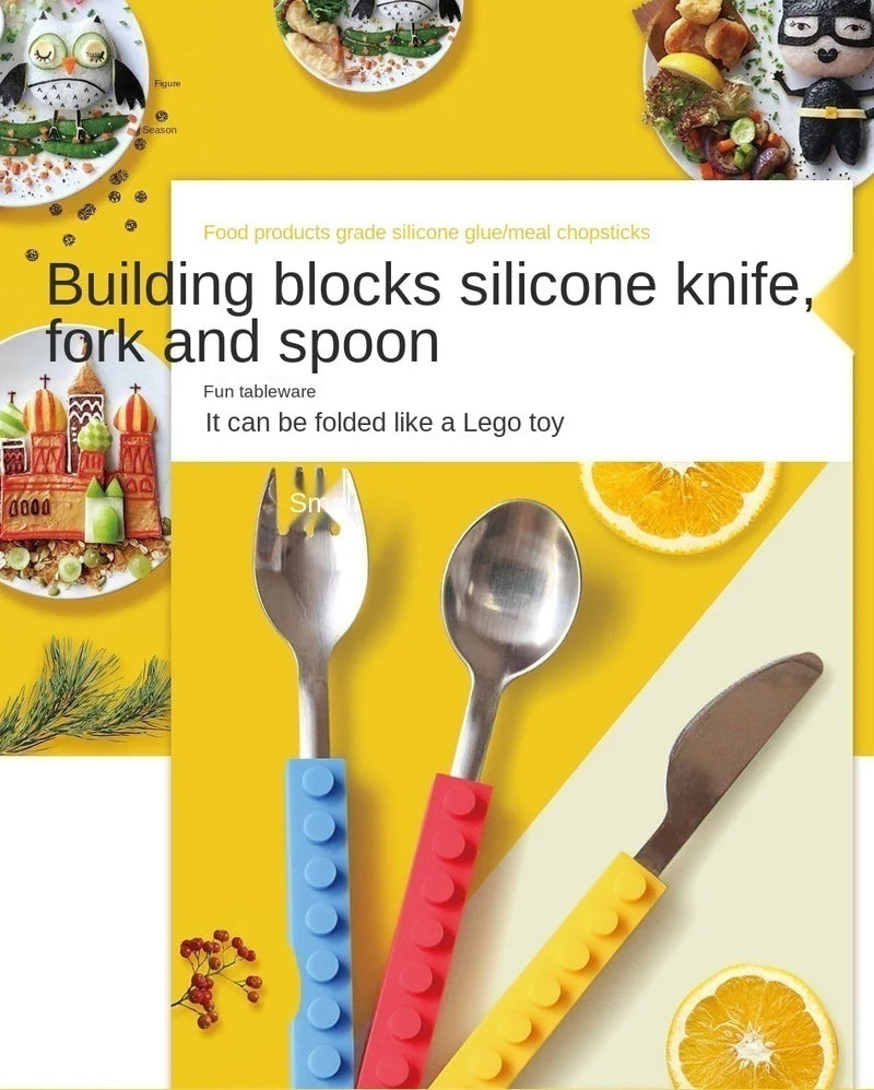 3pcs Stainless Steel Dinnerware Children Western Cutlery Set Knife Fork Spoon Dinner Tableware Silicone Building Blocks Handle
