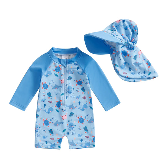 Trajes de baño de verano para niñas y niños pequeños, de manga larga, con estampado floral/tropical, con cremallera y sombrero.