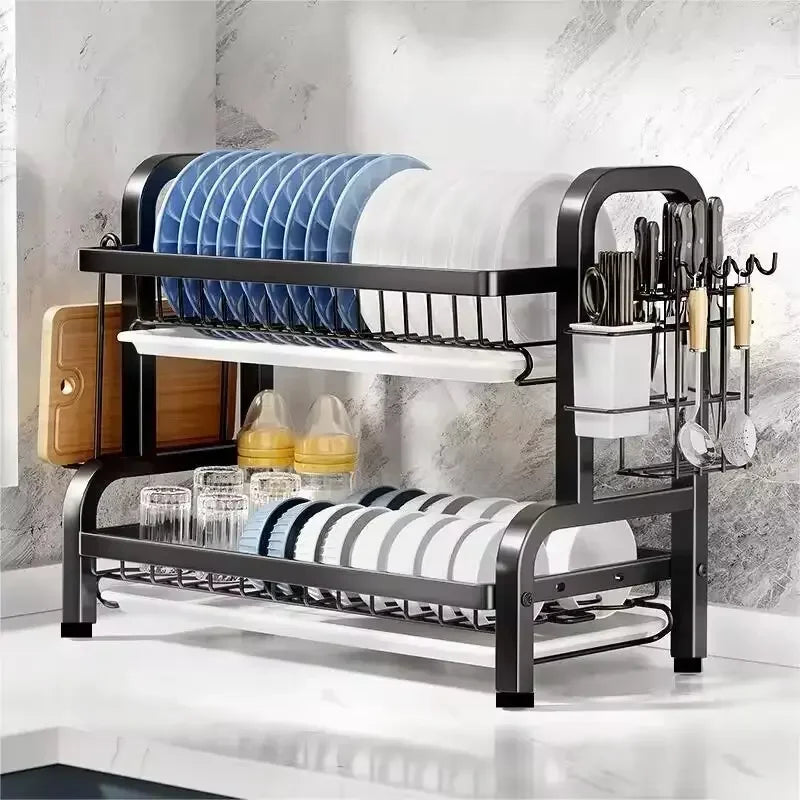 25NEW Dish Drying Rack 2-Tier Compact Kitchen Dish Rack Drainboard Set Large Rust-Proof Dish Drainer with Utensil Holder