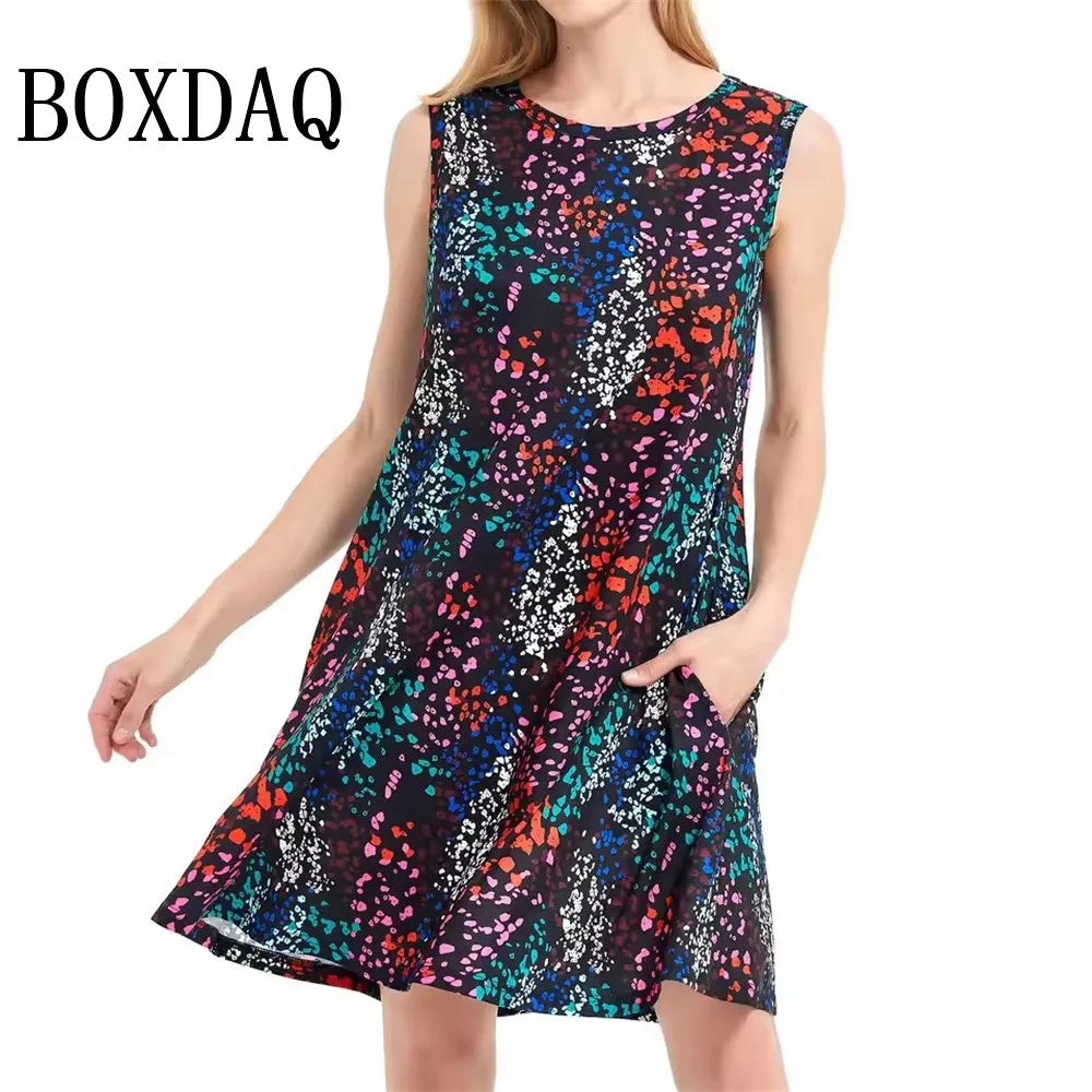Summer Dresses For Women Casual Beach Sleeveless Floral Print Tank Loose Sundress With Pockets Women's Plus Size Dress 8XL 9XL