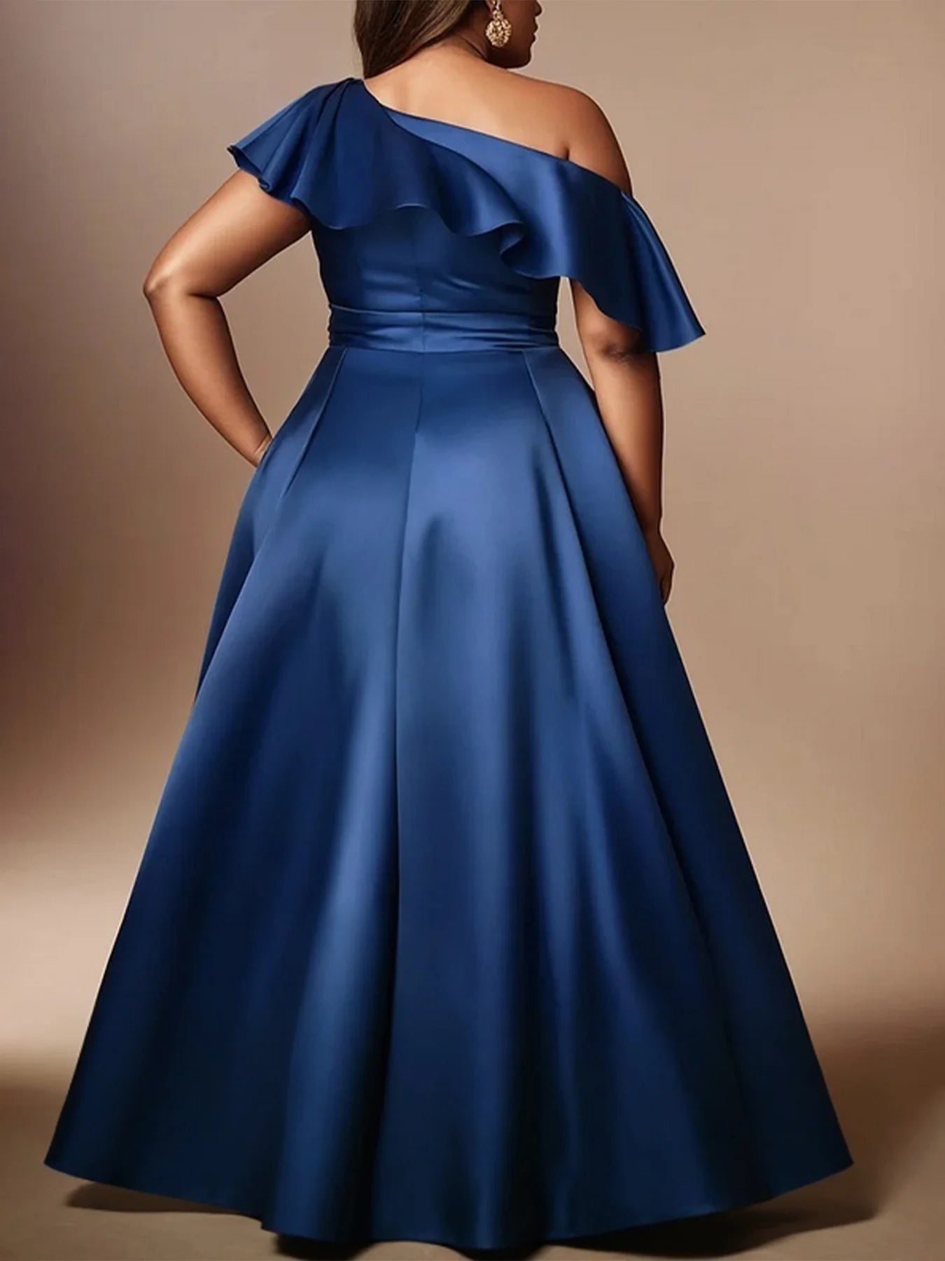 Mulheres elegantes plus size vestido de noite cetim plissado um ombro vintage casual festa cocktail vestido longo manga curta vestido azul