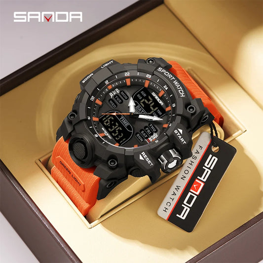 Reloj electrónico SANDA de lujo estilo G para hombre, deportivo al aire libre, LED, analógico, digital, cronógrafo, militar, pantalla dual, resistente al agua hasta 50 m.