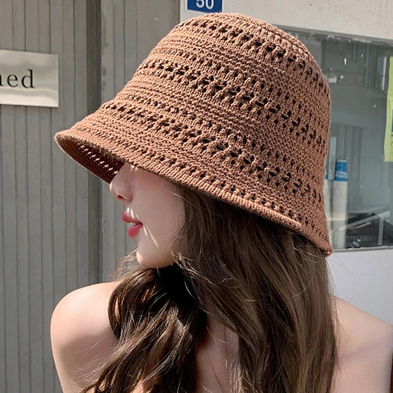 Summer Bucket Hat Fisherman Hat Women Hollow Out Sun Hat Outdoor Casual Versatile Panama Hats Crochet Foldable Caps Beach Cap