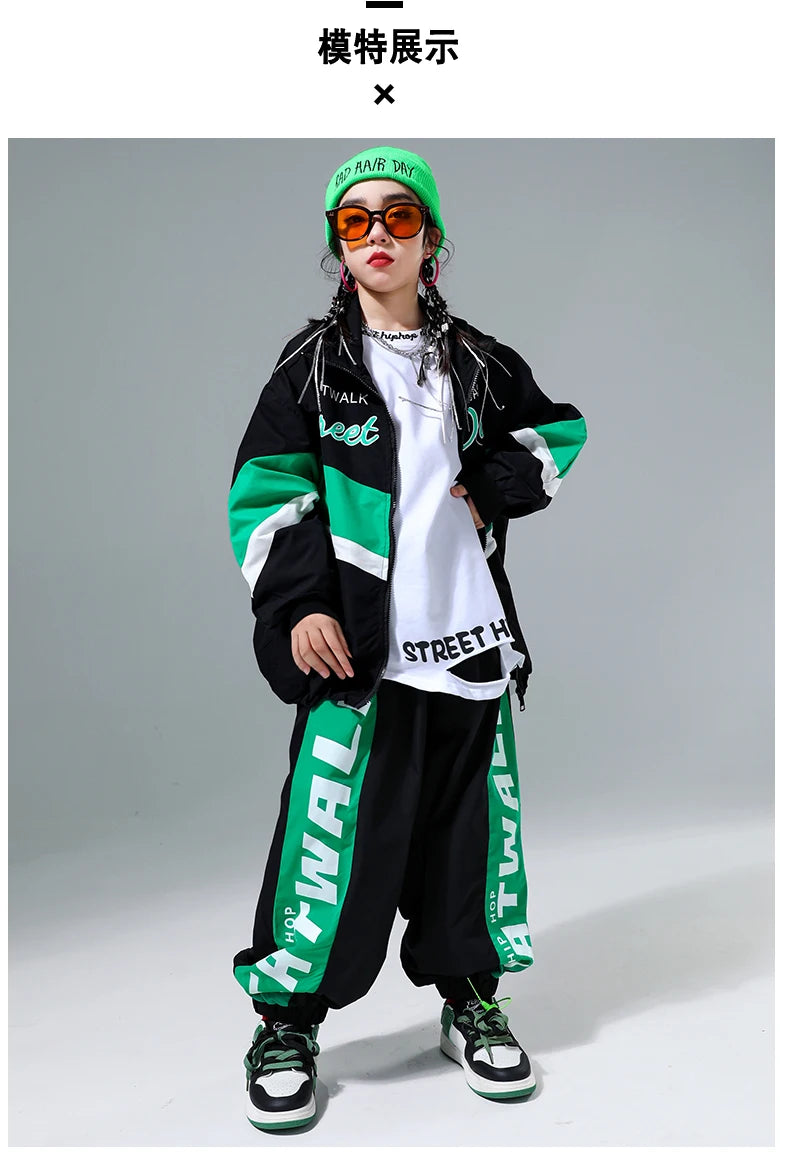 Hip Hop Girls Contrast Bomber Jacket Sport Pants Boys Street Dance Coat Streetwear Kids Jazz Clothes Set Children School Uniform