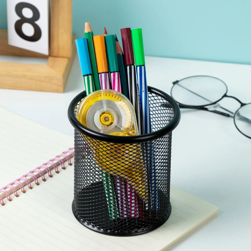 MOTARRO 1Pcs Pencil Holder Office Desk Metal Mesh Square Round Pen Pot Cup Case Container Organiser Durable Pencil Case