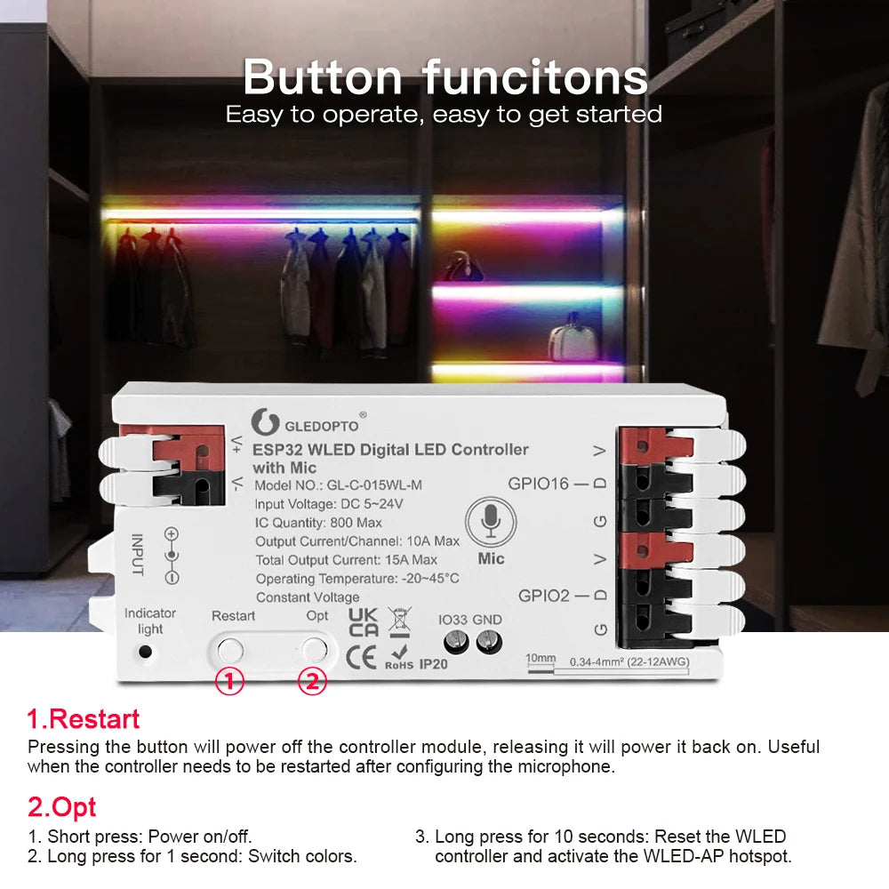 Controlador WLED ESP32 RGBIC COB LED Tira de luz Kit de cinta reactiva al sonido Música Sincronización Funciona con Alexa 24V 5 10 15 20 25 30 40 M