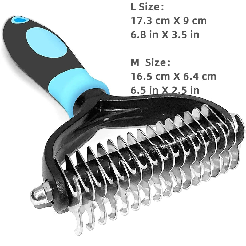 Cepillo de aseo de acero inoxidable para mascotas, de dos caras, para quitar el pelo suelto y desenredar la capa interna, peine rastrillo para perros y gatos, elimina nudos y enredos fácilmente.
