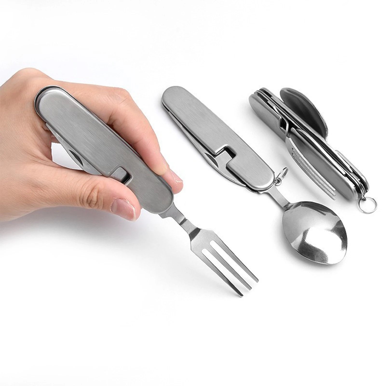Juego de vajilla para exteriores, cuchara, tenedor, cuchillo, abridor de botellas, acero inoxidable, 4 en 1, plegable, juego de cubiertos para acampar, utensilio para Picnic