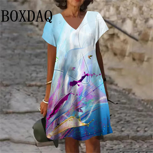 Women Splash-Ink Dresses For Summer 2025 New Plus Size Fashion V-Neck Short Sleeve Loose Dress Casual Vintage 3D Print Dress 6XL