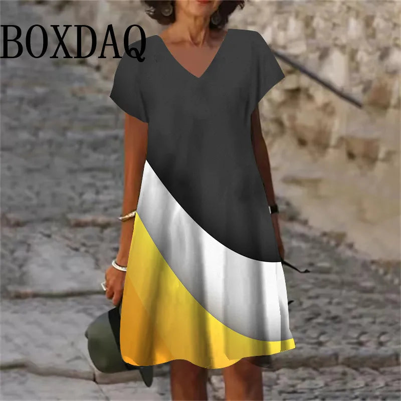 2025 Summer Fashion Plus Size Dresses 6XL Women V-Neck Short Sleeve Mini Dress Casual Daily Gradient Striped Large Size Dress