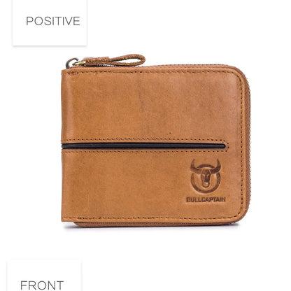 Bullcaptain Genuine Leather Men Short Wallet Casual Men's Coin Purse Vintage Male Zipper Card Holder Luxury Money Bags JYB022