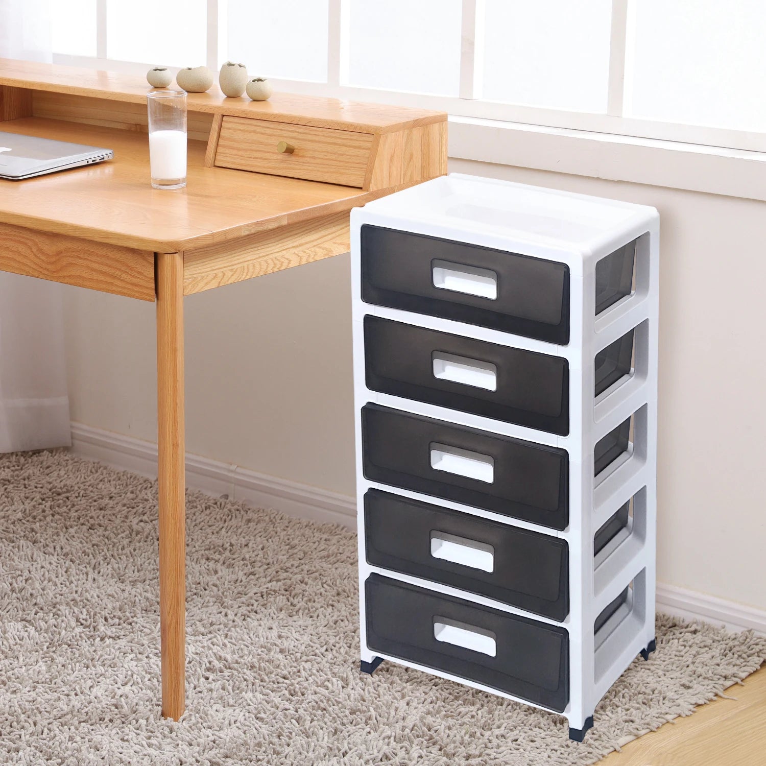 Plastic Storage Tower, Black, 5 Large Drawers with Casters