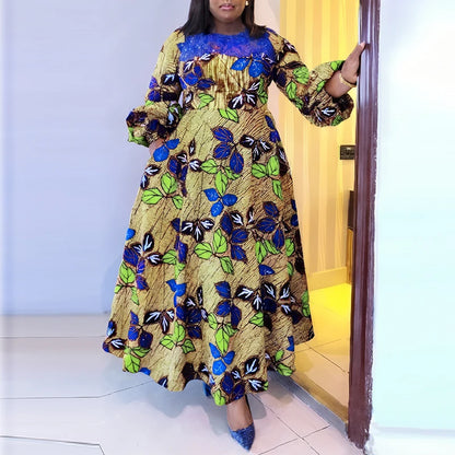 Plus Size VONDA Women Bohemian Maxi Dresses 2024 Casual Floral Printed Sundress Lace Patchwork Round Neck Elegant Robe Vestido