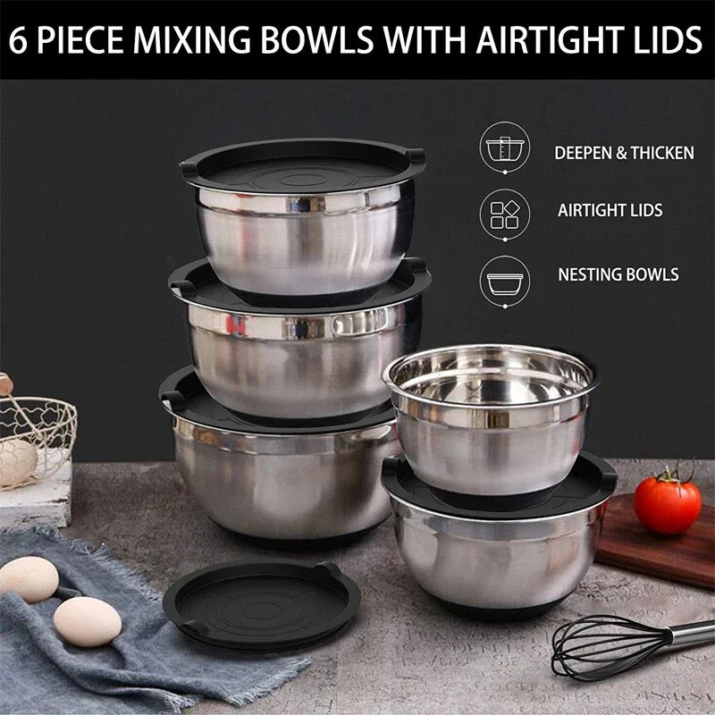 Mixing Bowls with Lids and Non-Slip Bases, Stainless Steel Mixing Bowls Set for Baking, Nesting Storage Bowls, JT227, 6 Pcs