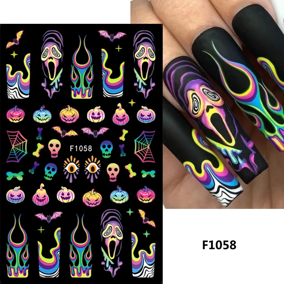 Cinturón negro 5D pegatinas en relieve gótico Halloween estilete calabaza calavera telaraña cremallera manicura uñas gel autoadhesivo decoración