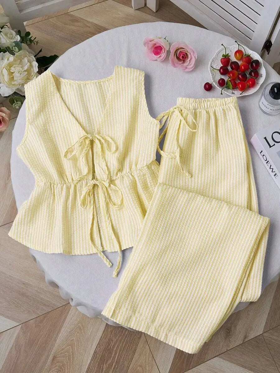 Women's Sets Two 2pcs Sale Summer V Neck Sleeveless Lace Up Vests&High Elastic Waist Striped Wide Leg Pant Suits OUYW-25014