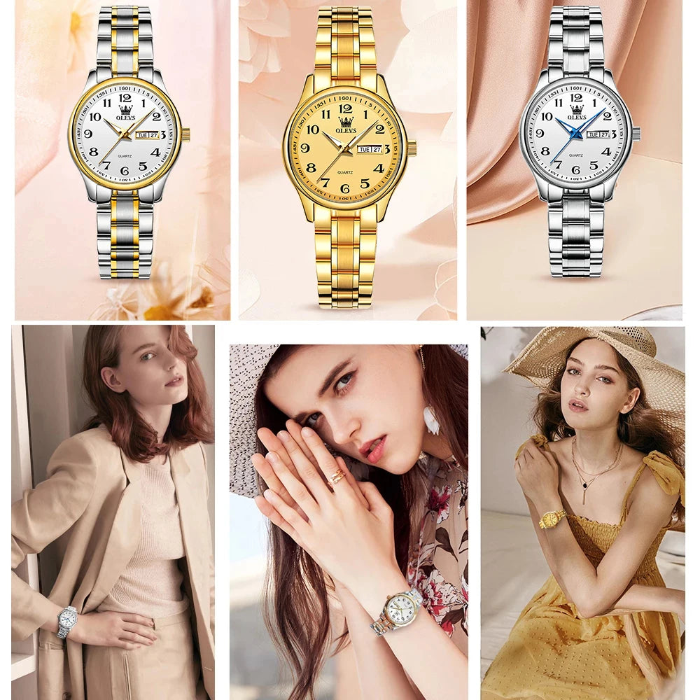 Relogio feminino de luxo bicolor aço inoxidavel e calendario duplo