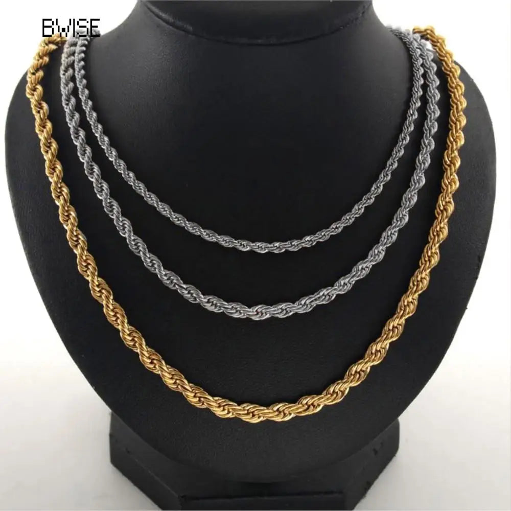Bwise 3/4mm 316L Rope Chain Necklace Stainless Steel Never Fade Choker Waterproof Men Women Jewelry Gold Color Chains Gift