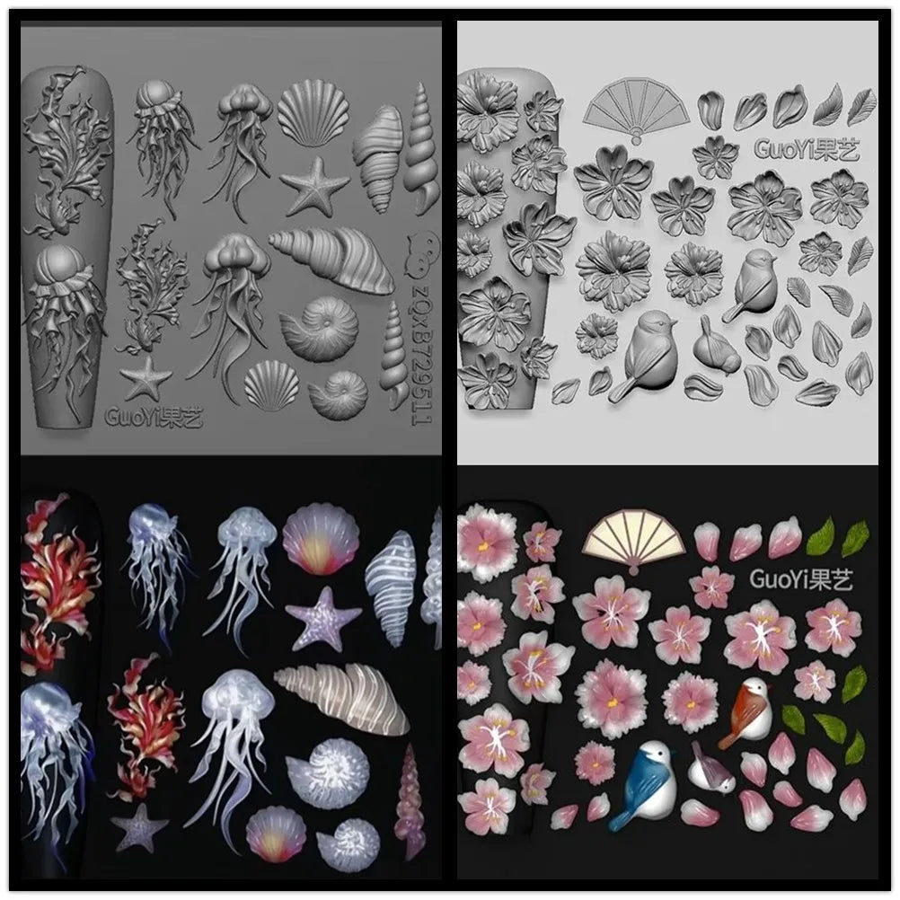1pc Bowknot Candles Jellyfish Shell Rose Leaf  3D Acrylic Mold Nail Art Decoration Nails DIY Design Silicone  Nails Mold