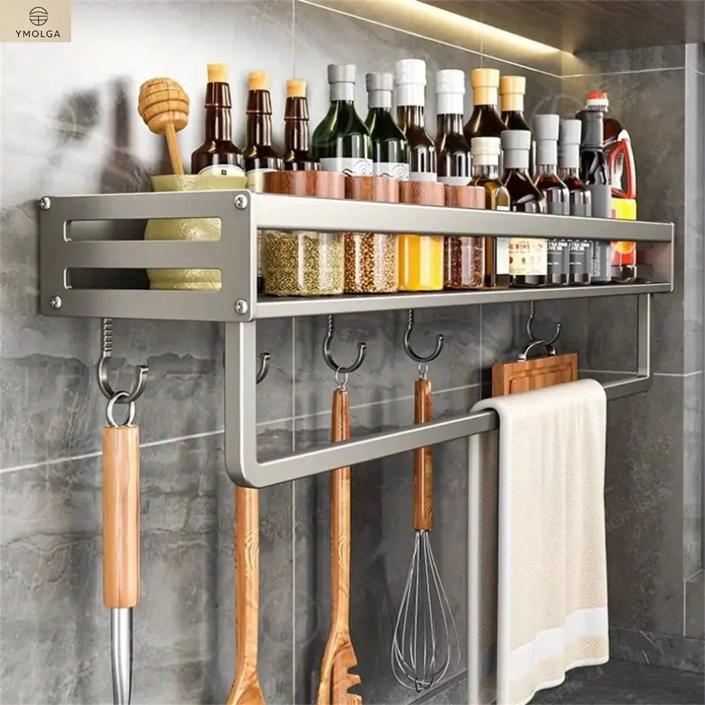 YMOLGA 1/2pcs Aluminum Wall-Mounted Spice Rack Multifunctional Item Shelf Kitchen Tools Hooks Kitchen Condiment Storage Rack