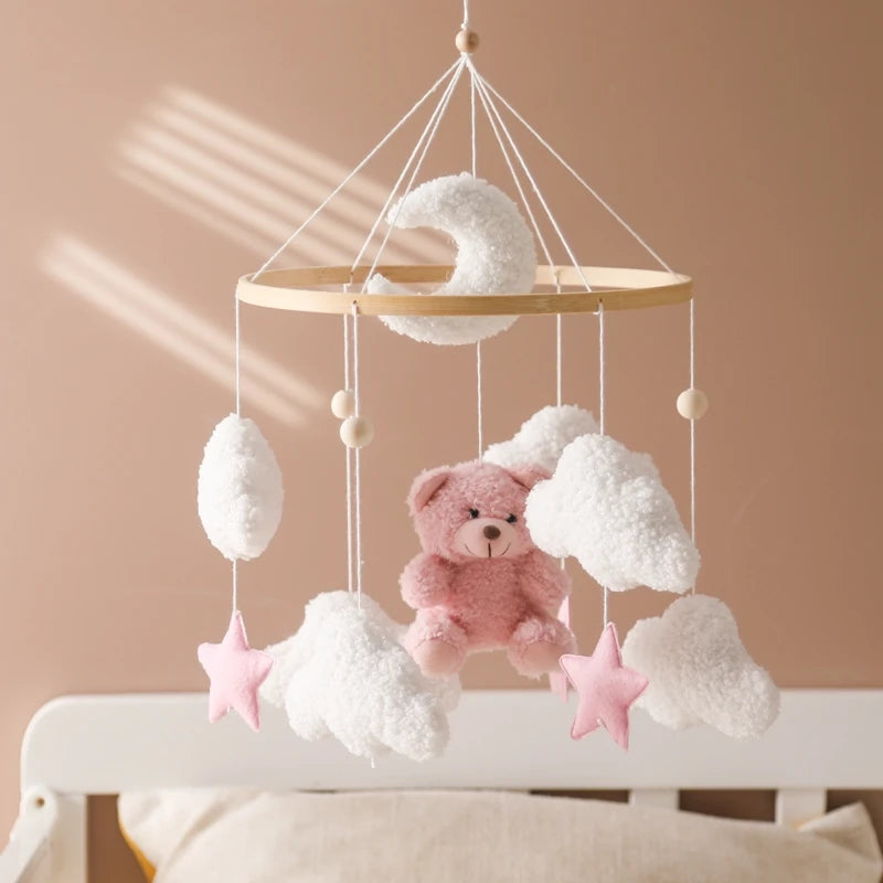 Baby Crib Mobile Rattle Toy Wooden Bed Bell Mobile Hanging Teddy Velvet Bear Doll Toy Newborn Music Box Crib Mobile Bracket Gift